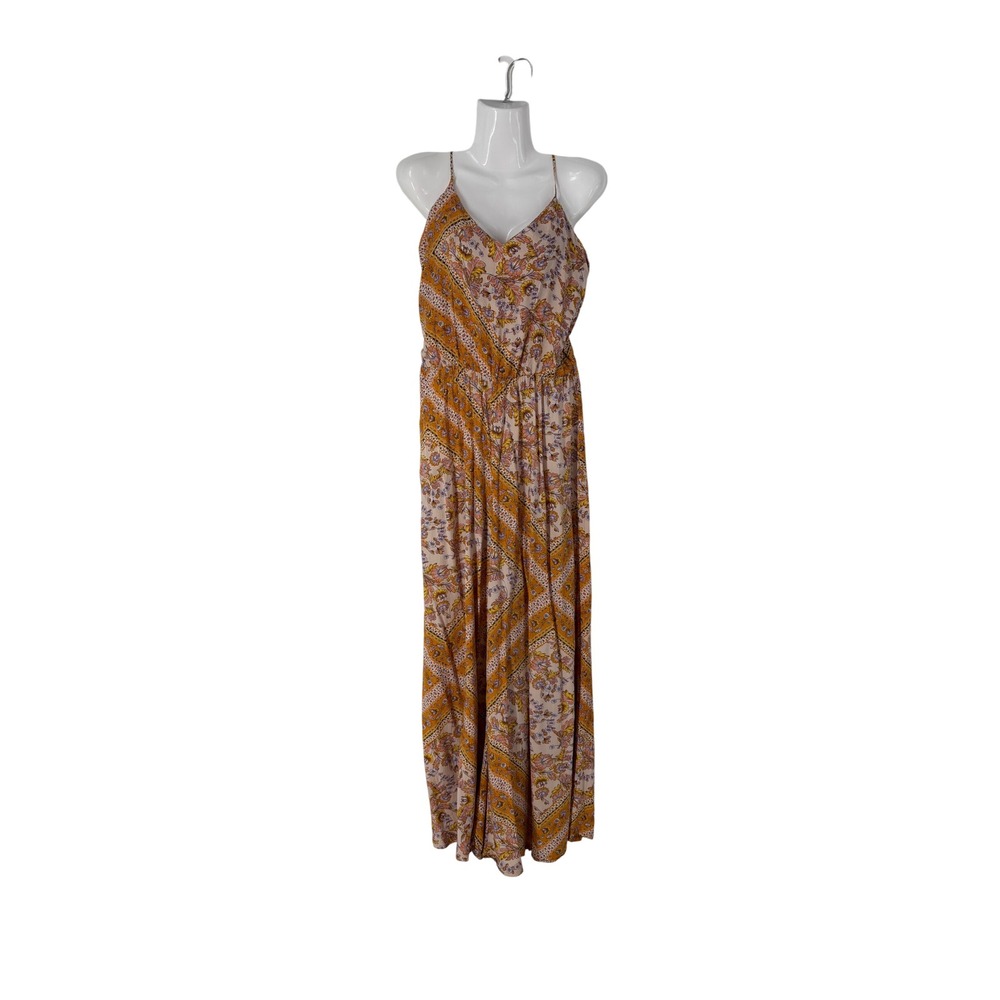 JASE Womens Yellow Floral Boho Wide Leg Maxi Jumpsuit L Lace‎ Up Back Festival